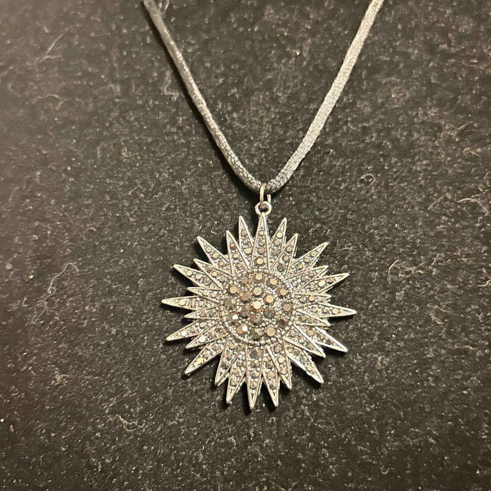 Sunburst Marcasite Pendant Necklace‎ Silver Tone Celestial Black Cord Adjustable
